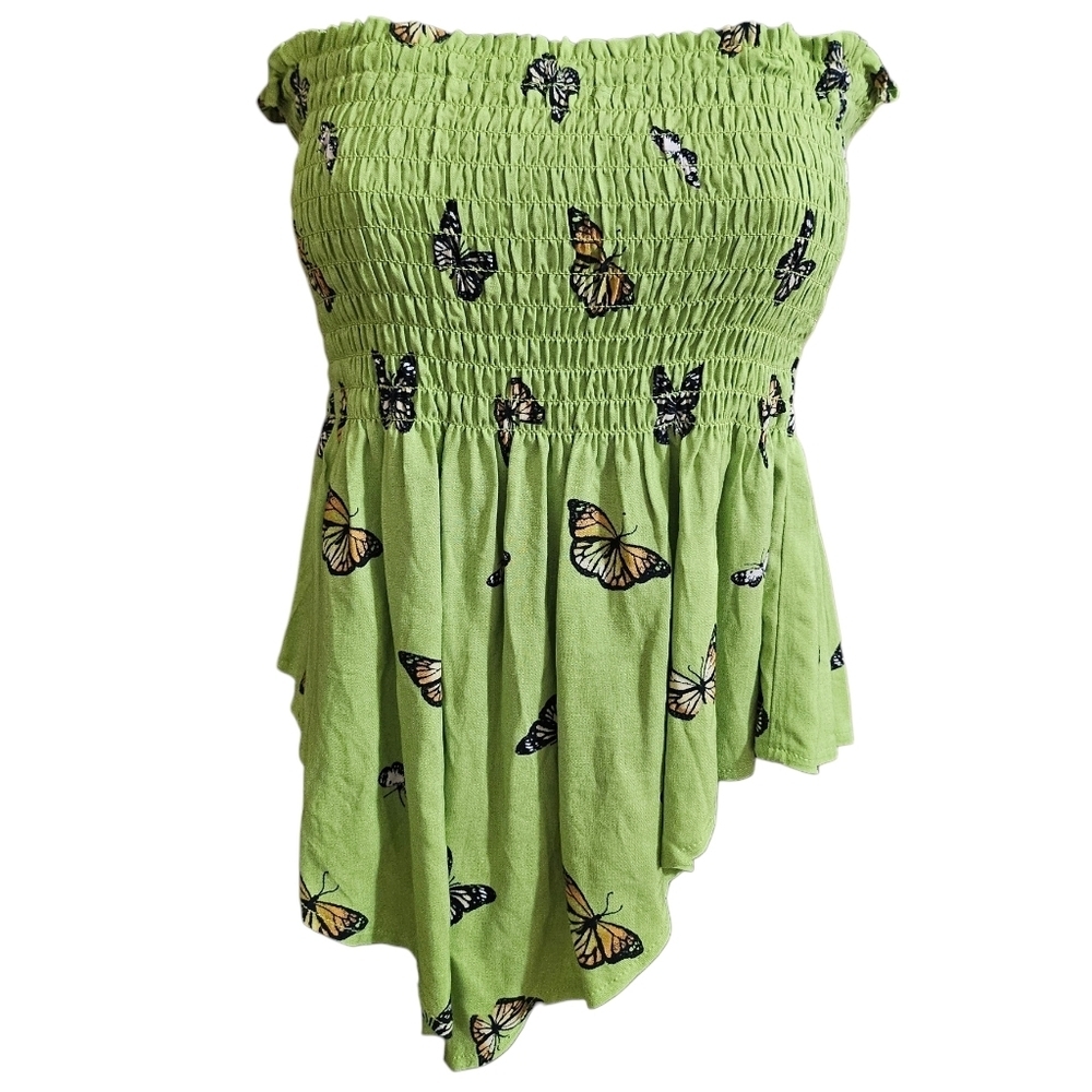 Y2K Stich & Pine Lime Green Smocked Flowy Cropped Tube Top With Butterflies
